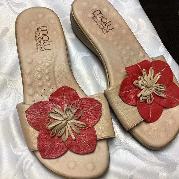 Male Shoes - Women's Malu RED Leather Low Wedge Heel Slides Slip on Sandals Size 9. Comfort